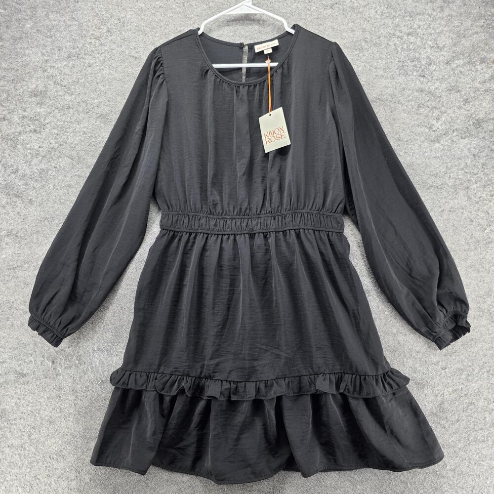 Knox Rose Dress Womens M Black Fit & Flare Short Long Puff Sleeve Ruffle Hem